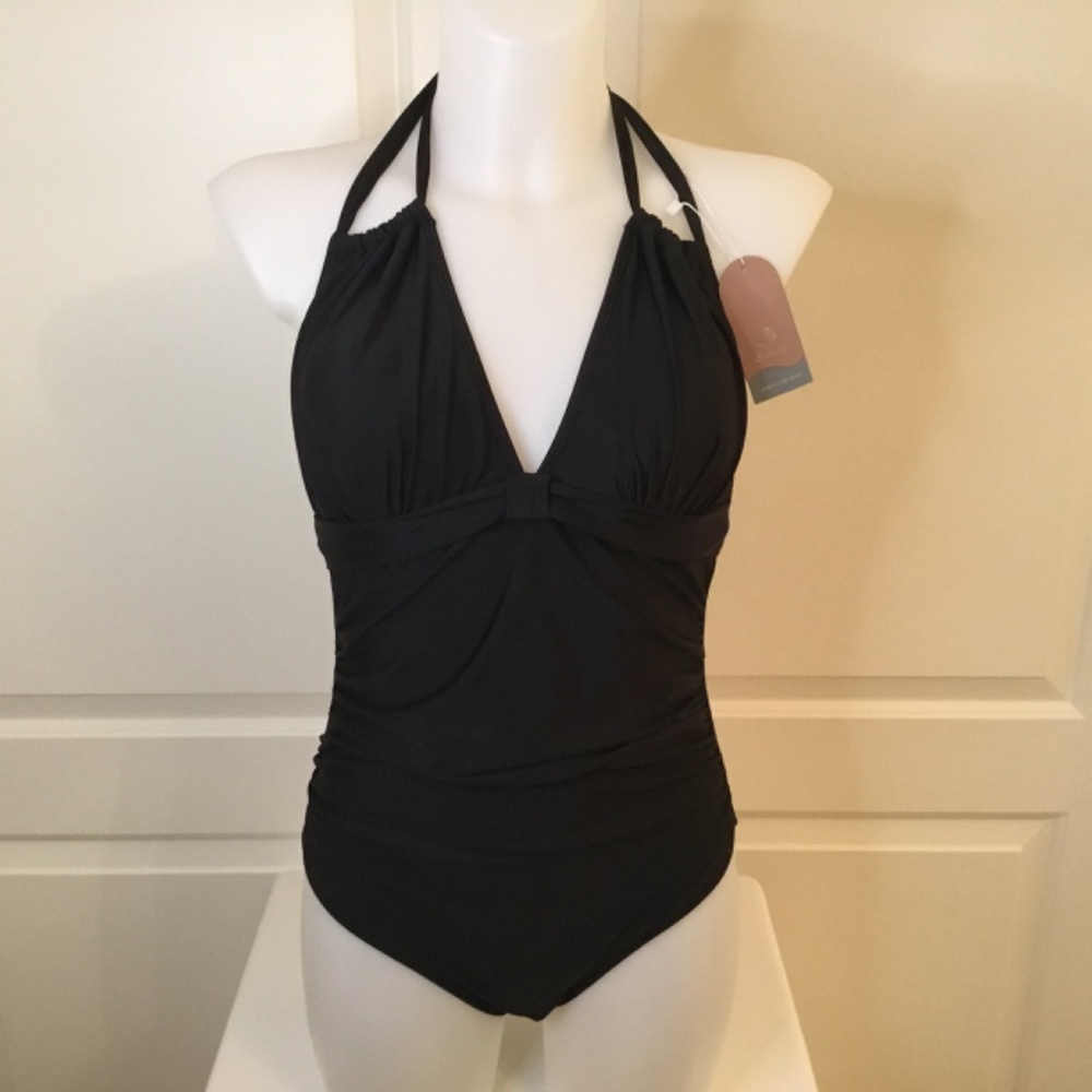 NWT Swismivo Black One Piece Halter Tummy Control Bathing Suit Size Medium - Picture 5 of 10